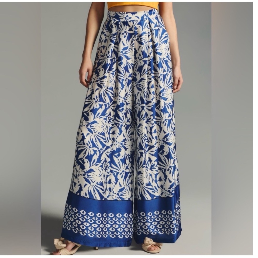Anthropologie B.Yu Blue White Tropical Palm Print Wide Leg Pants Made In Italy M